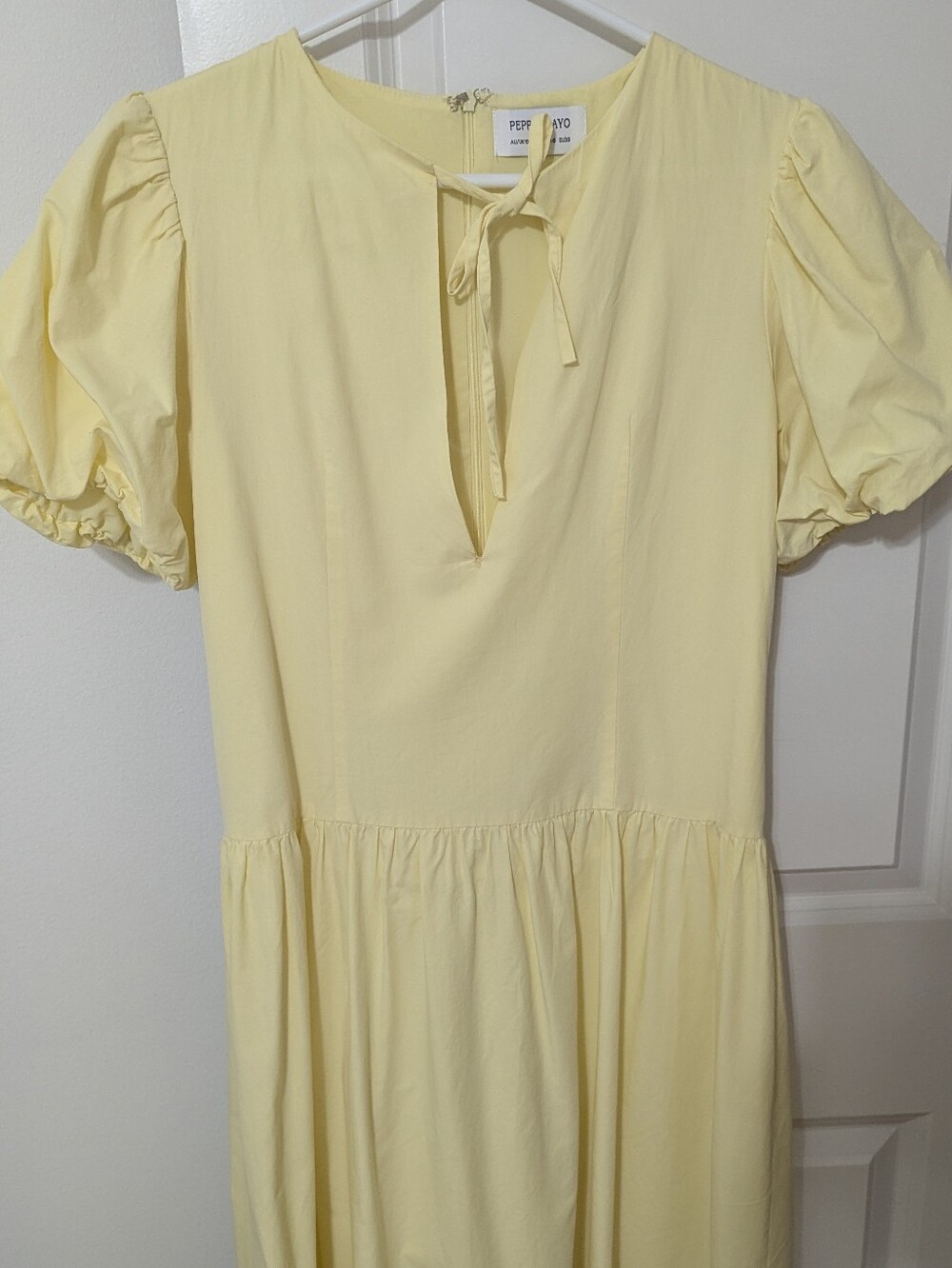 Peppermayo Pale Yellow Puff-Sleeve Tie-Neck Dress